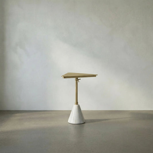 Darwin Side Table by Noir in antique brass. Made from industrial steel, bianco crown marble in a modern style.