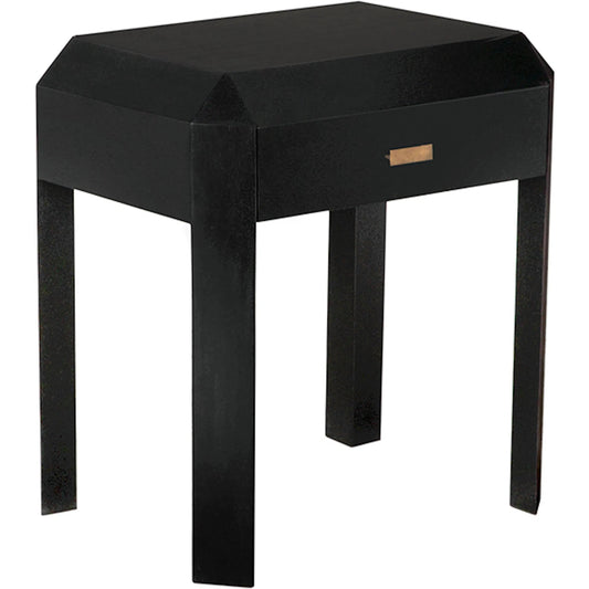 Obtuse Side Table by Noir in hand rubbed black. Made from mahogany, veneer, brass pulls in a modern style.
