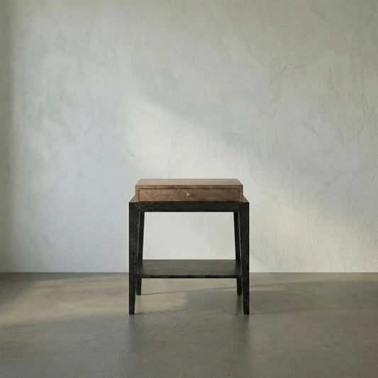 Memphis Side Table by Noir in dark walnut, black walnut. Made from walnut, veneer, brass hardware in a transitional style.