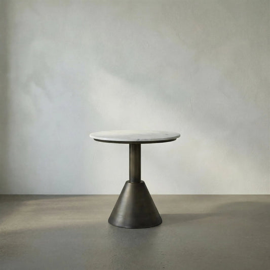 Joseph Side Table by Noir in aged brass. Made from industrial steel and white marble in a modern style.