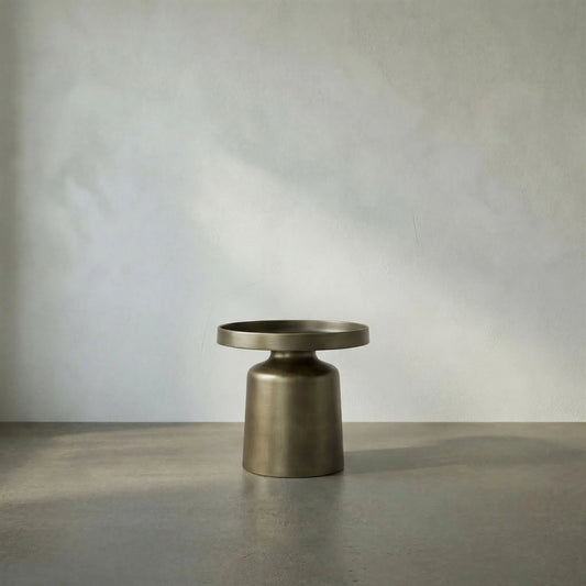 Lee Side Table by Noir in aged brass. Made from industrial steel in a modern style.