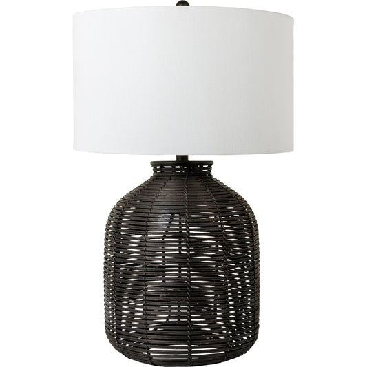 Galatas - 32416 by Surya in white, black, metallic nickel and paintedpainted. Made from shade (outside): linen, shade (inside): polyester, body: rattan, finial: metal, harp: iron in a modern style.