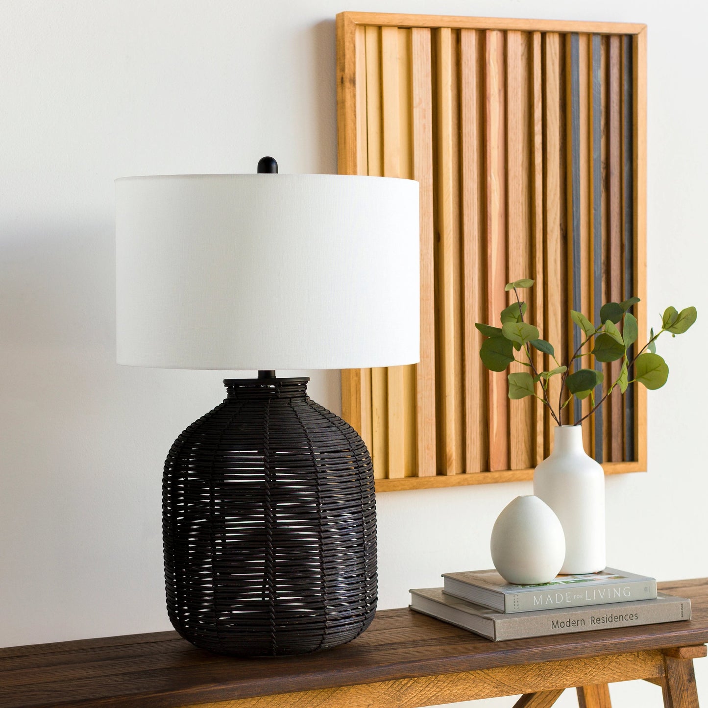 001 SI-1921737 | Lifestyle | Galatas - 32416 by Surya in white, black, metallic nickel and paintedpainted. Made from shade (outside): linen, shade (inside): polyester, body: rattan, finial: metal, harp: iron in a modern style.