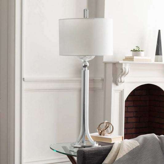 Gustav Accent Table Lamp - 11971 by Surya in white, translucent, metallic nickel and nickel painted. Made from body: metal, base: metal, shade (inside): polyester, finial: metal in a modern style.