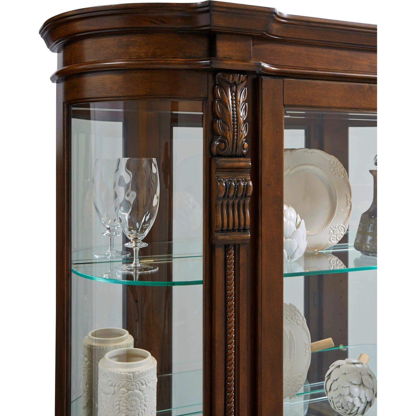 003 SI-2155517 | Closeup | Curved End Curio by Pulaski Furniture in warm maple brown. Made from select hardwood solids, veneers in a traditional style.