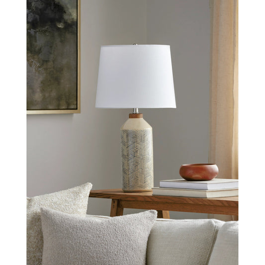 Gouverneur - 492789 by Surya in beige, translucent, metallic nickel, white, metallic silver and matte brushed. Made from body: ceramic, shade (outside): linen, shade (inside): linen, finial: metal in a modern style.