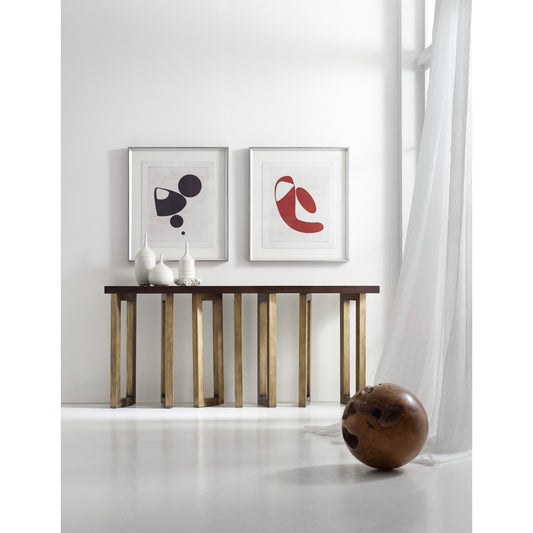 Connelly Hall Console by Hooker Furniture in cathedral black walnut, gold. Made from cathedral black walnut veneer, metal in a eclectic & global style.