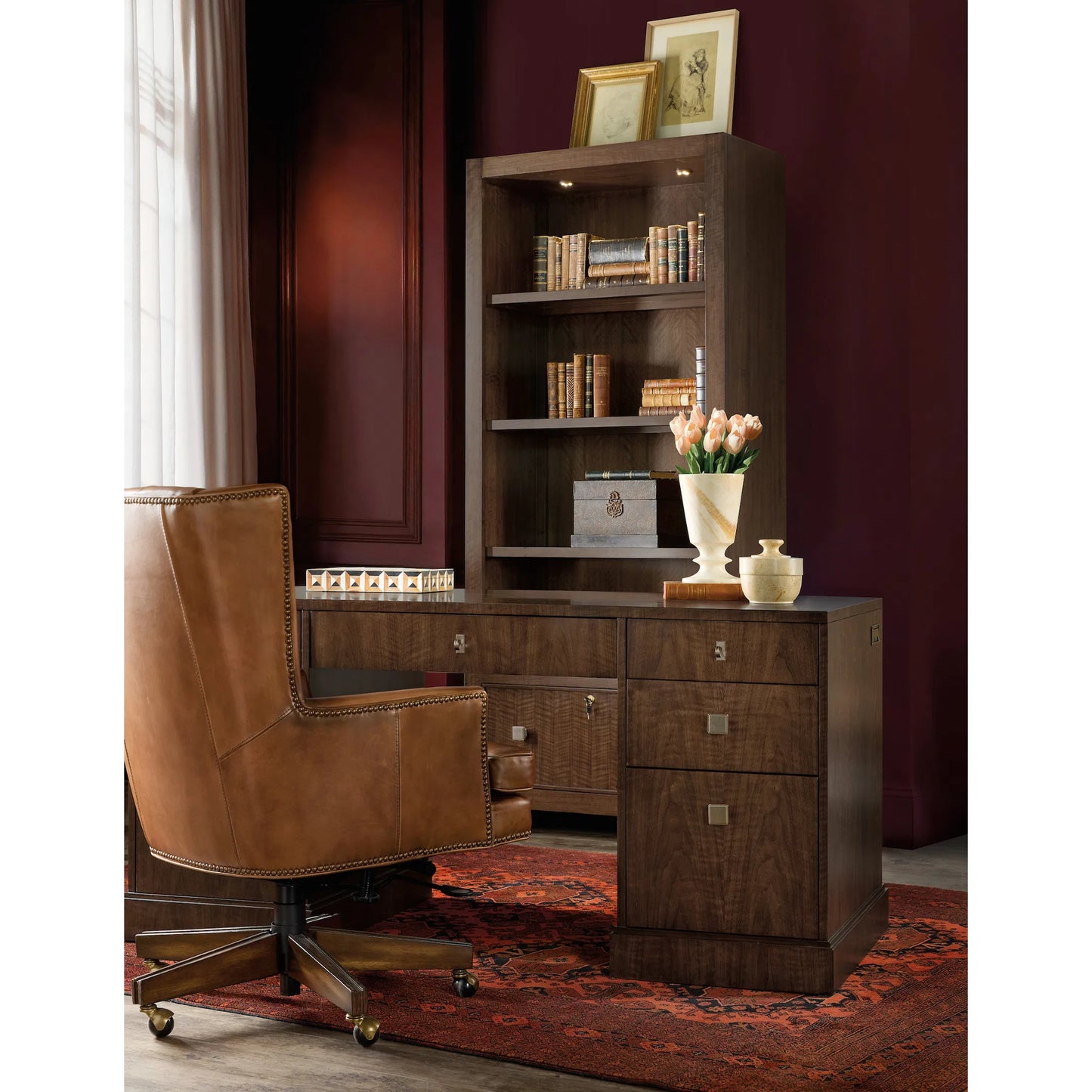 005 SI-2458409 | Lifestyle | Archives Executive Desk by Hooker Furniture in classic walnut, walnut veneers. Made from leather, hair on hide leather, figured walnut veneers in a traditional style.