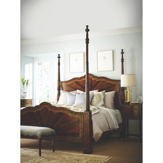 Versailles Mahogany King Poster Bed by Jonathan Charles in brown and medium antique mahogany. Made from mahogany in a traditional style.
