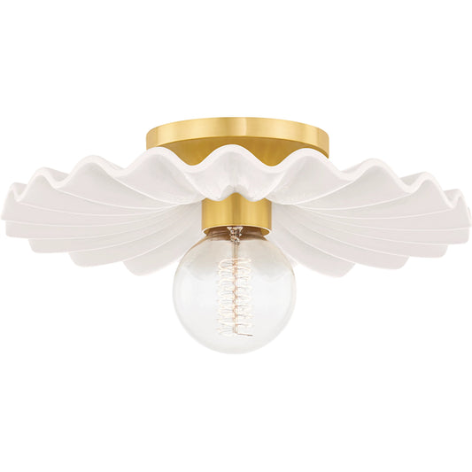 Tinsley Flush Mount by Mitzi in aged brass, white. Made from steel in a transitional style.