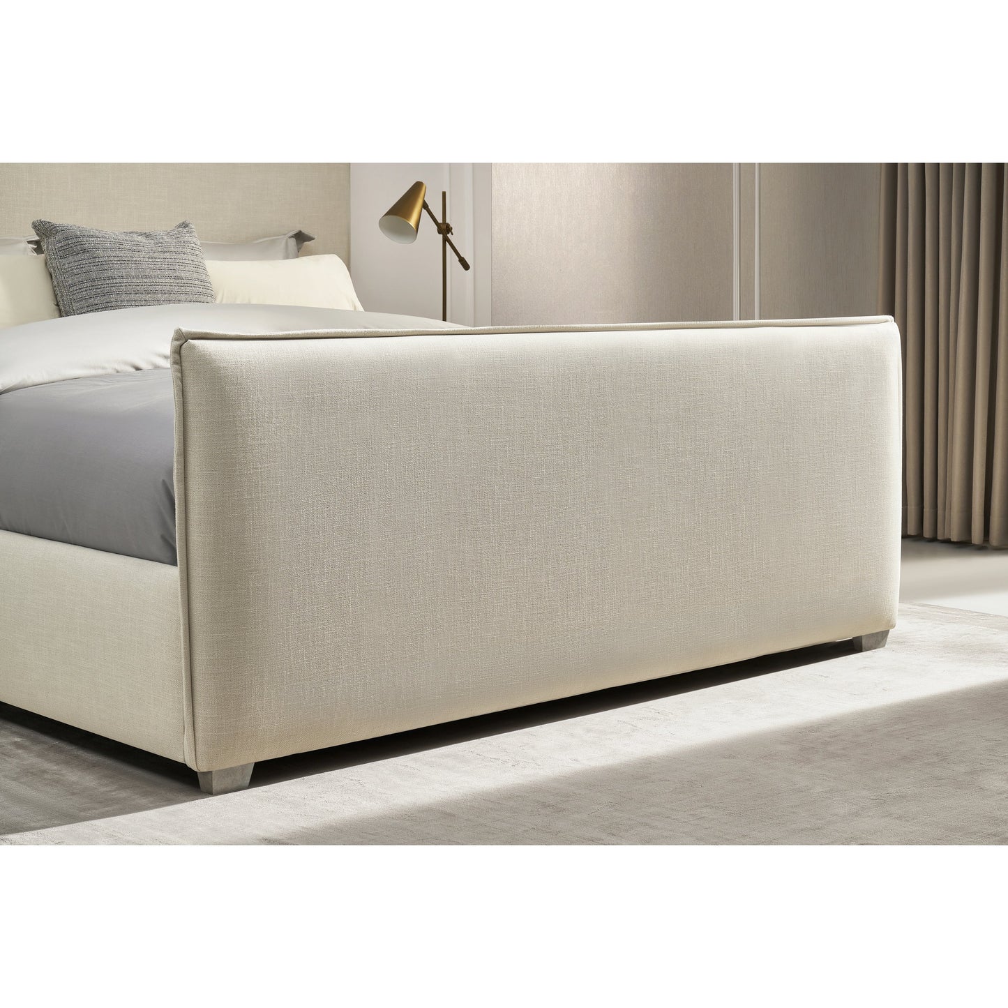 010 SI-2130653,SI-2130654 | Closeup | Zest Flanged Upholstered Bed by Zest in beige, flax and cream. Made from rubberwood, fabric in a modern style.