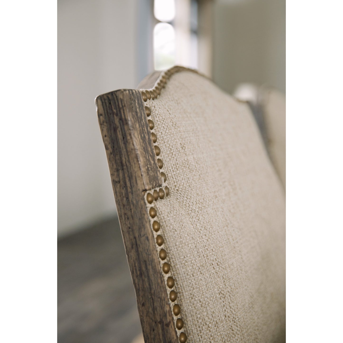003 SI-1749052 | Closeup | La Grange Kruschel Square Back Side Chair (Set of 2) by Hooker Furniture in beige and barn wood, oat. Made from fabric, nailheads in a traditional style.