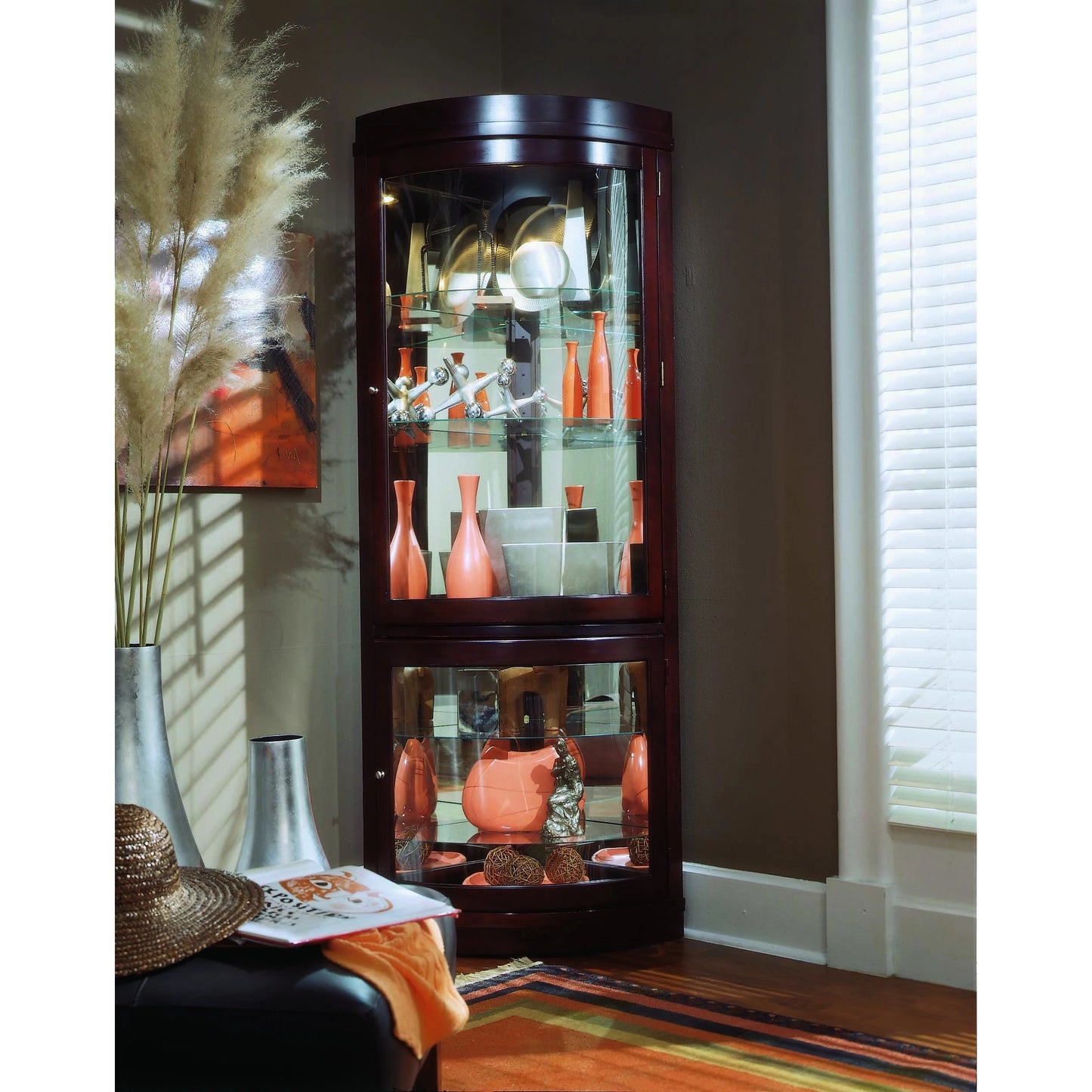 003 SI-2155498 | Lifestyle | Chocolate Cherry Corner Curio by Pulaski Furniture in chocolate cherry. Made from select hardwood solids, veneers in a traditional style.