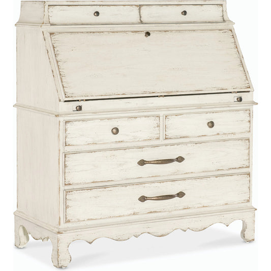 Americana Secretary by Hooker Furniture in whites, creams, beiges and worn white finish. Made from oak veneers with solid-wood edge top in a cottage & farmhouse style.