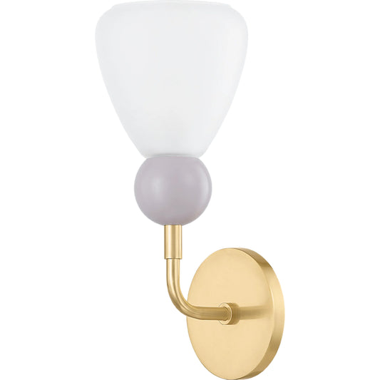 Doreen Wall Sconce by Mitzi in aged brass, soft peignoir. Made from steel in a modern style.