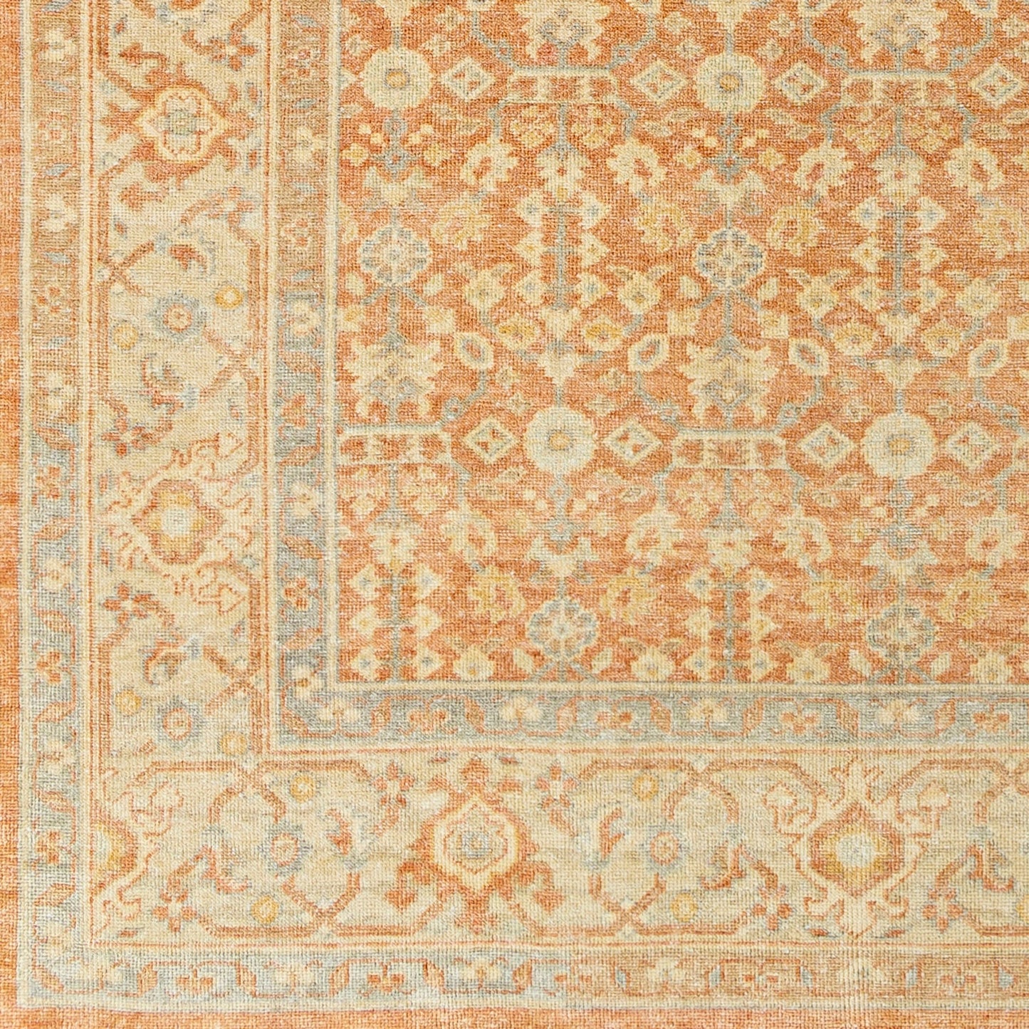 002 SI-1882307,SI-1882308,SI-1882309 | Closeup | Hamadan Rug - 30389 by Surya in brown, light beige, slate. Made from 70% wool, 30% viscose in a unique style.