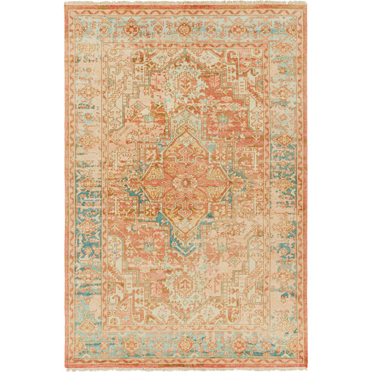 000 SI-1882318,SI-1882319,SI-1882320,SI-1882321 | Primary Silo | Hamadan HAM-2303 Rug by Surya in rust, dark blue, seafoam, saffron, light beige. Made from 70% wool, 30% viscose in a unique style.