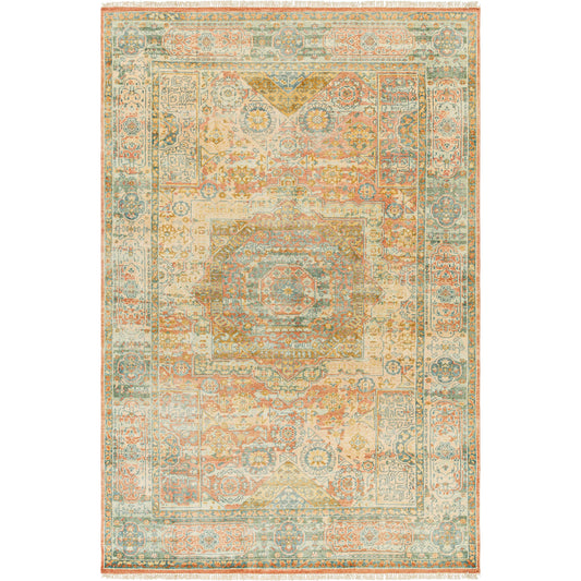 001 SI-1917538,SI-1917539,SI-1917540,SI-1917541,SI-1917542 | Primary Silo | Hamadan HAM-2304 Rug by Surya in beige, dusty coral, teal, rust. Made from main: 70% wool, main: 30% viscose in a unique style.