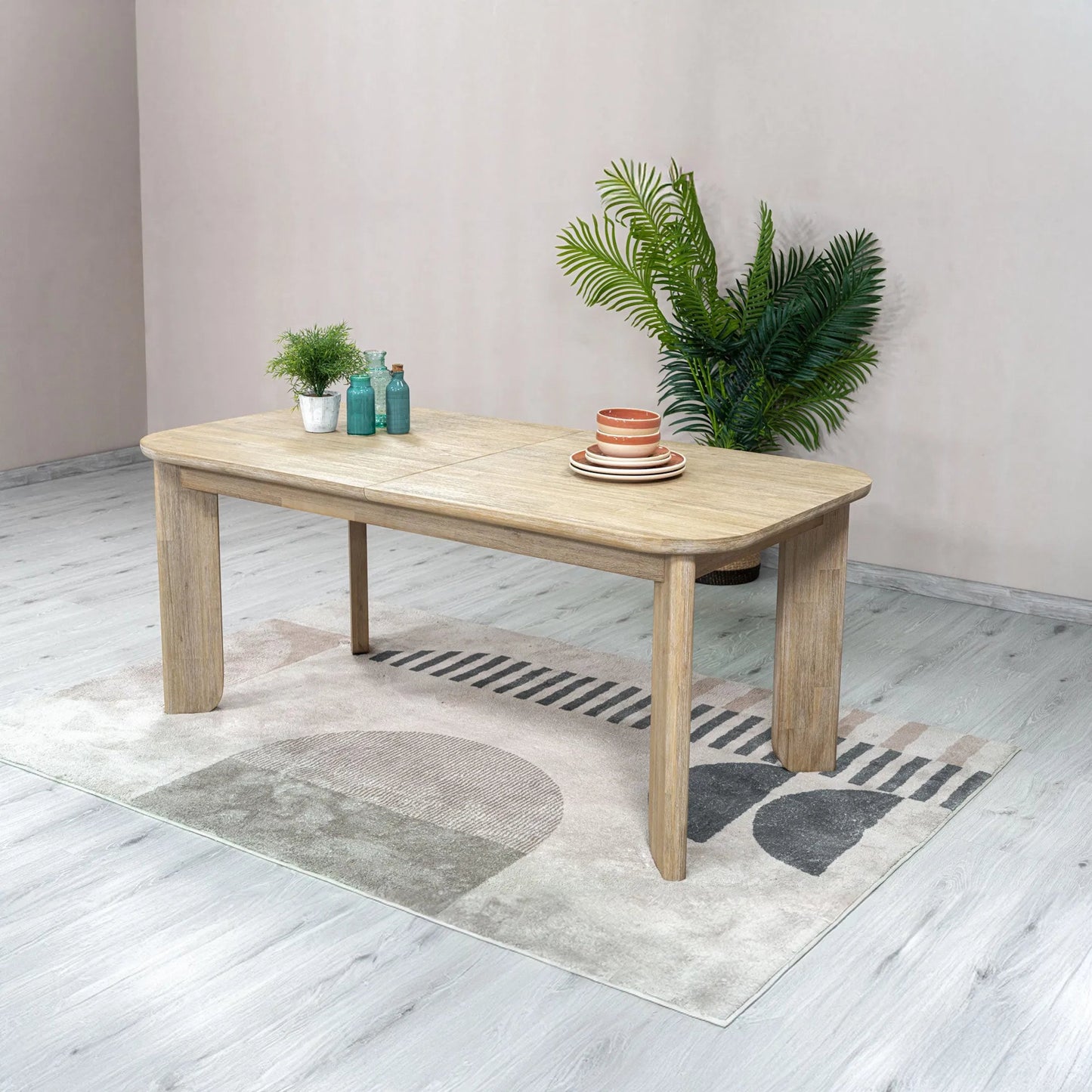 004 SI-2325068 | Unknown | Haru Extension Dining Table (70"/102") by LH Imports in beige and sand wash. Made from acacia in a unique style.