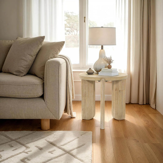 Haru Side Table by LH Imports in beige and sand wash. Made from acacia in a transitional style.