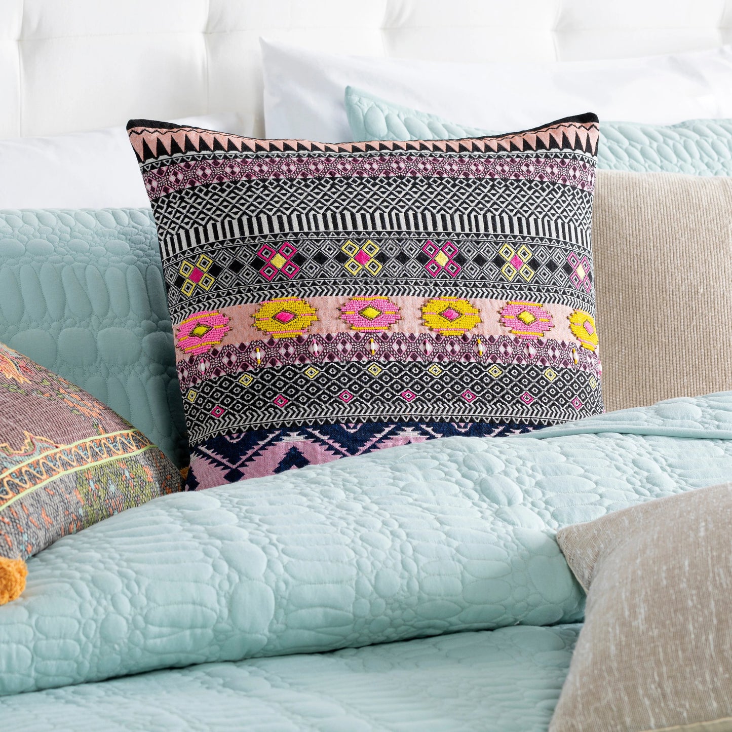 005 SI-1882430,SI-1882431 | Lifestyle | Haruki Pillow - 10482 by Surya in black, white, navy, yellow. Made from 60% cotton, 40% polyester, 100% cotton in a eclectic & global style.