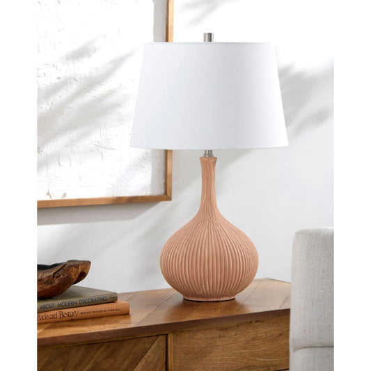 Hawston Accent Table Lamp by Livabliss in body: yellow; shade: white; finial: metallic - nickel; harp: metallic - nickel; cord: translucent and hand finished. Made from ceramic, linen, polystyrene, iron in a transitional style.