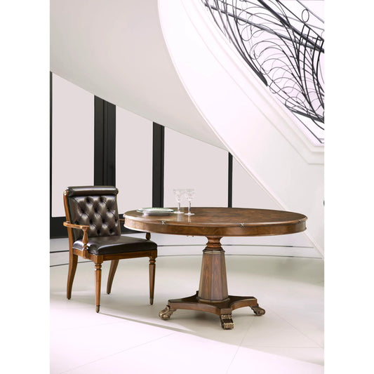 Viceroy Round Dining Table by Jonathan Charles in brown and santos brown, antique brass. Made from mahogany, cerejeira veneers, santos rosewood crown veneers, brass in a traditional style.