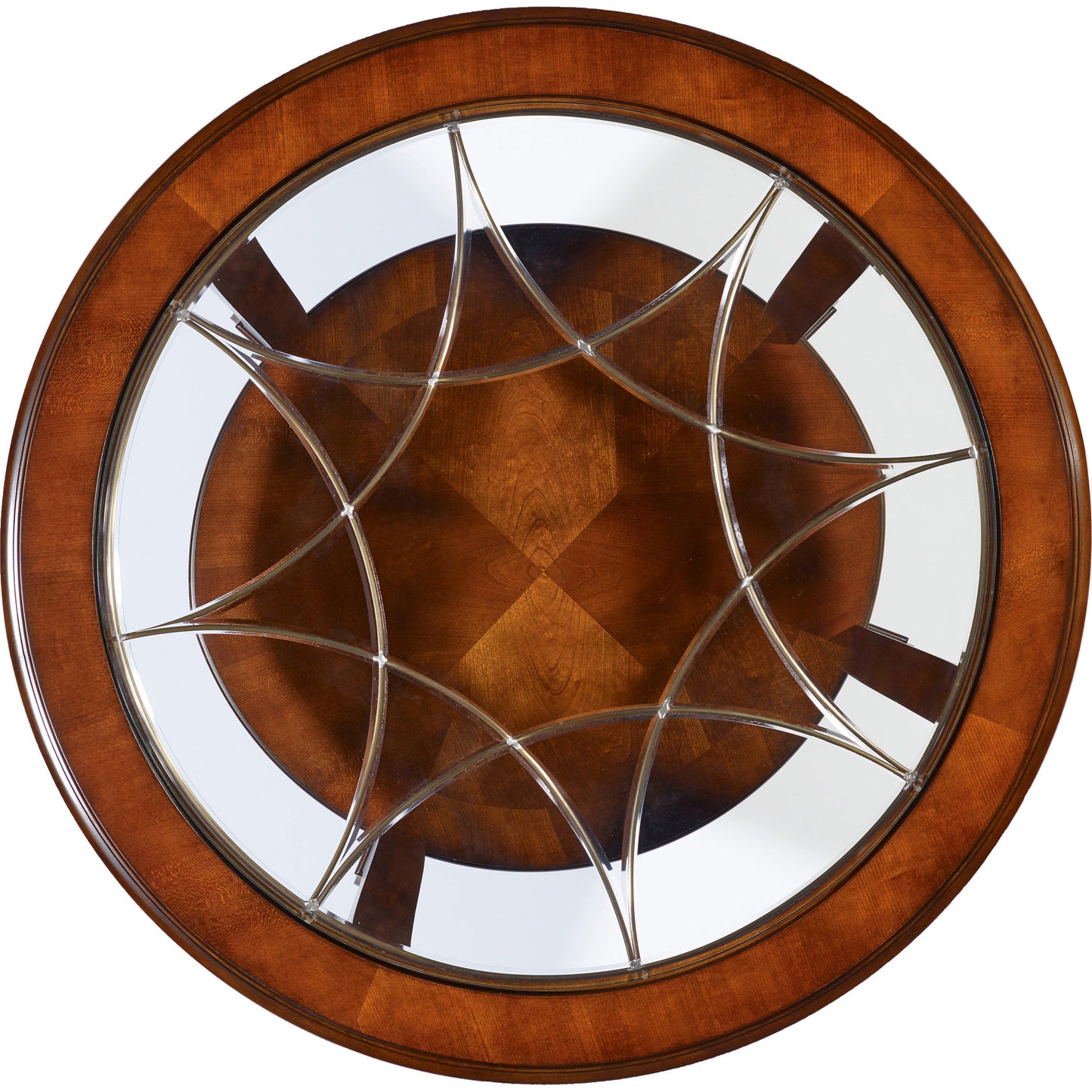 002 SI-1748489 | Additional Silo | Brookhaven Round Cocktail Table by Hooker Furniture in cherry. Made from cherry veneers, glass in a traditional style.