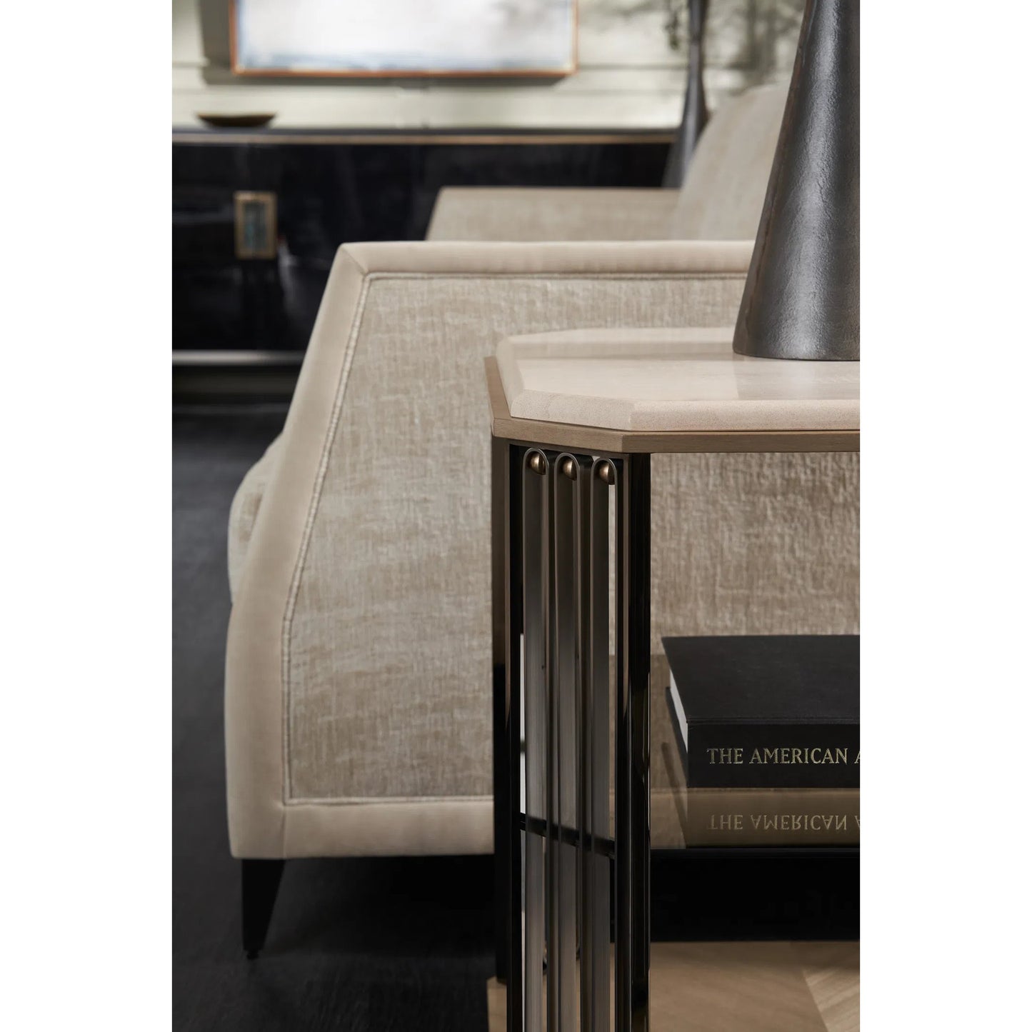 000 SI-2162899 | Lifestyle | Alloy End Table by Caracole in dry martini. brushed gold, brushed stainless, deep bronze. Made from poplar, stone, koto in a modern style.