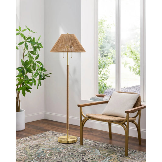 Hofu Accent Floor Lamp by Livabliss in body: gold; base: gold; shade: brown; cord: translucent and plated. Made from iron, rattan in a rustic style.