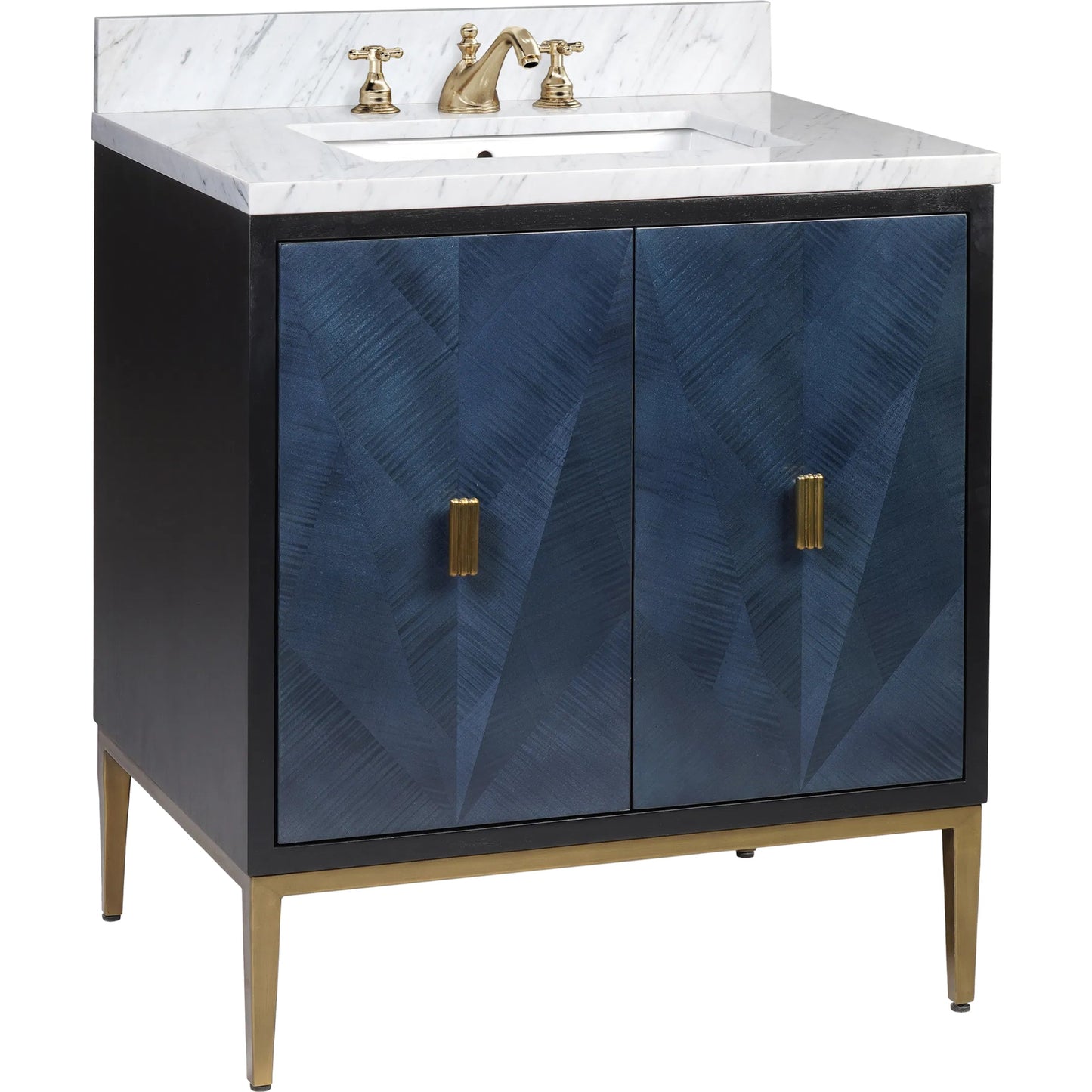 001 SI-2257280 | Primary Silo | Kallista 30" Blue Vanity with Undermount Sink by Currey and Company in dark sapphire, caviar black, natural, white, antique brass. Made from sycamore veneer, mahogany veneer, carrera marble, vitreous china, iron, brass in a