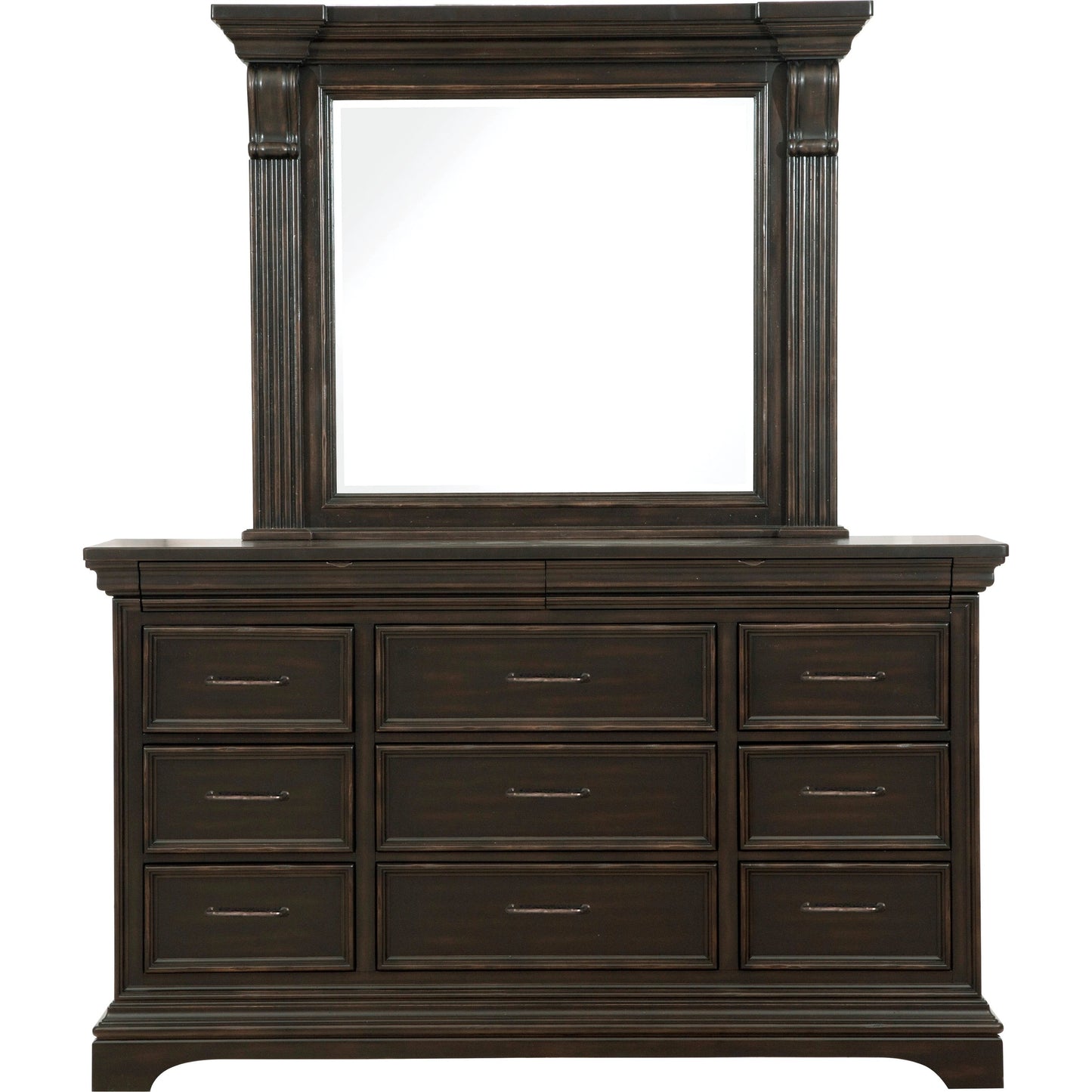 001 SI-2155451 | Primary Silo | Caldwell Dresser/Mirror by Pulaski Furniture in deep brown. Made from acacia veneers, asian hardwood in a traditional style.