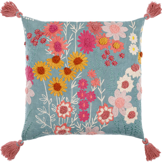 Hannah Kate Pillow - 493875 by Surya in dusty blue, mustard yellow, coral, blush pink, burgundy, cream, olive green. Made from front: 100% cotton, back: 100% cotton in a