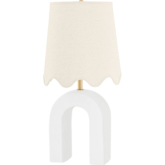 Roshani Table Lamp by Mitzi in aged brass, ceramic raw matte white. Made from steel in a modern style.