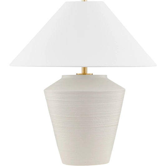 Rachie Table Lamp by Mitzi in aged brass, ceramic whitewash terracotta. Made from ceramic in a transitional style.