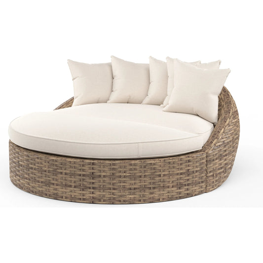 Havana Outdoor Round Daybed in Canvas Flax by Sunset West in tobacco. Made from resin wicker in a rustic style.