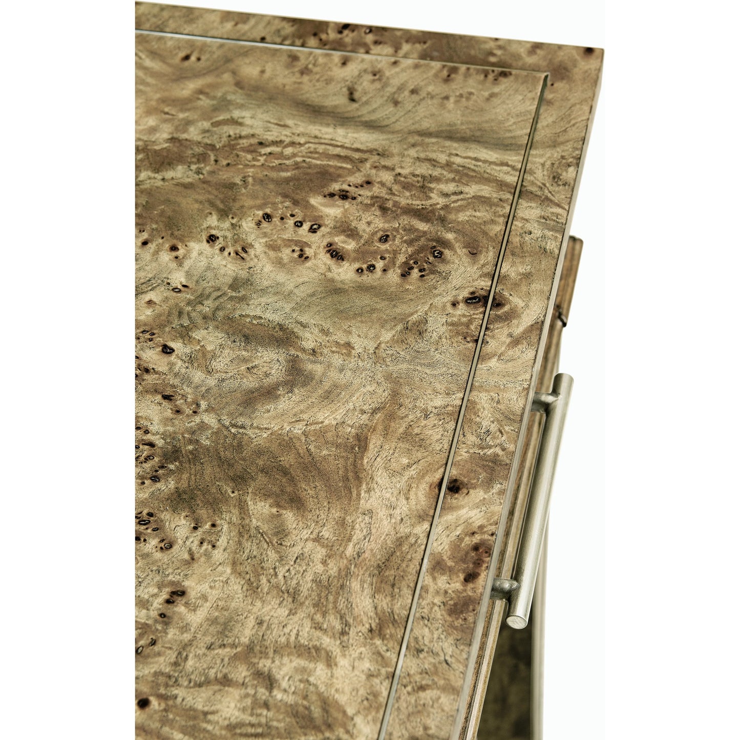 003 SI-2186368 | Closeup | Reimagined Fulgurite Desk by Jonathan Charles in golden amber. Made from mappa burl veneer in a modern style.