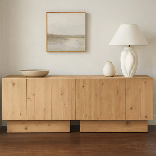 Shawn Sideboard by Moe's Home Collection in natural. Made from top, side, front mdf, rustic oak 1mm veneer, shelve mdf, oak veneer 0.6mm, adjustable glide in a unique style.