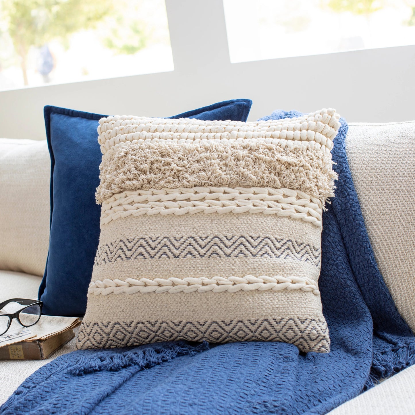 002 S-347790,S-347791,S-347792,S-347793,S-347794,S-347795 | Lifestyle | Helena Pillow - 21950 by Livabliss in beige, cream, charcoal. Made from 100% cotton in a eclectic & global style.