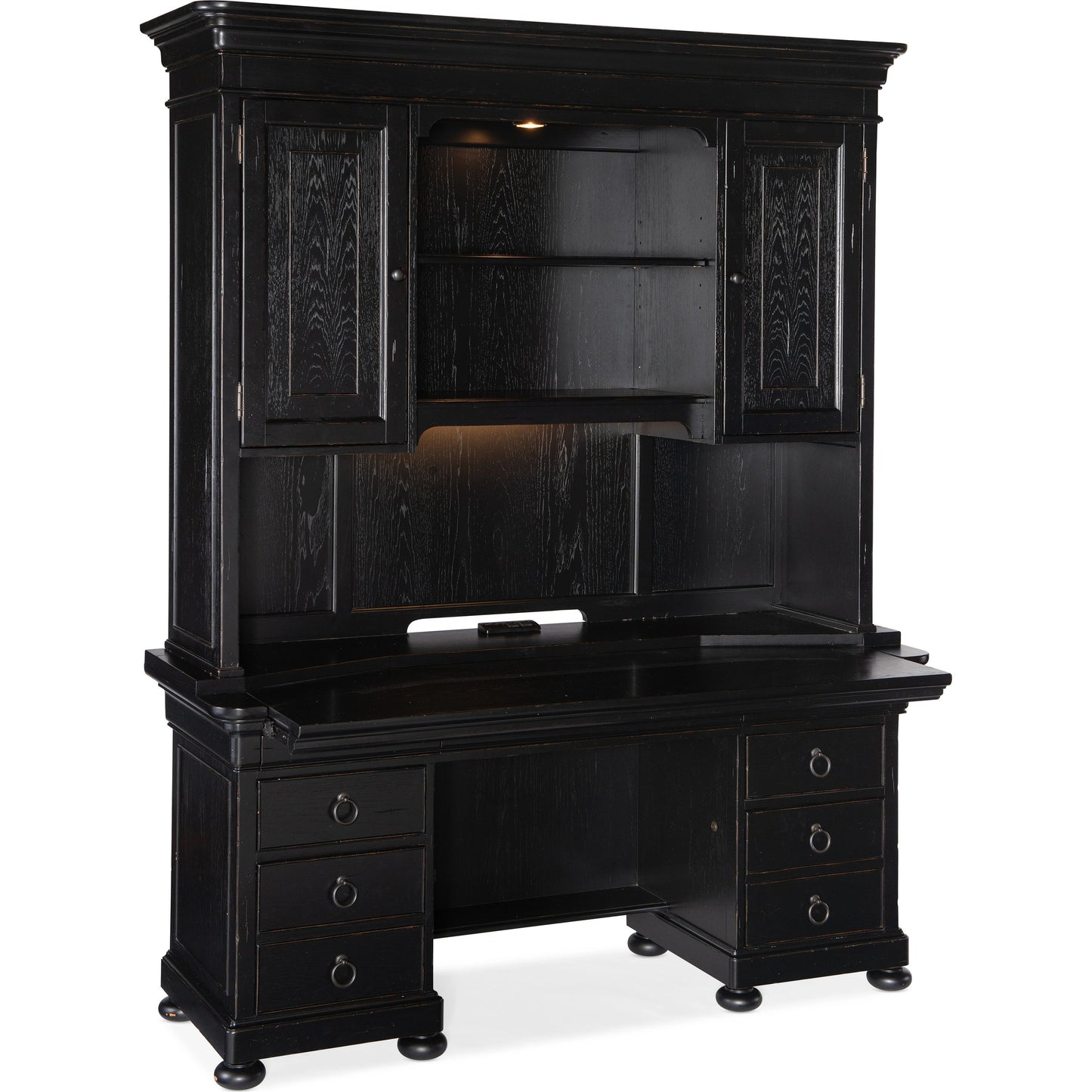 003 SI-1748465 | Additional Silo | Bristowe Computer Credenza by Hooker Furniture in tuxedo black. Made from pecan veneers in a unique style.