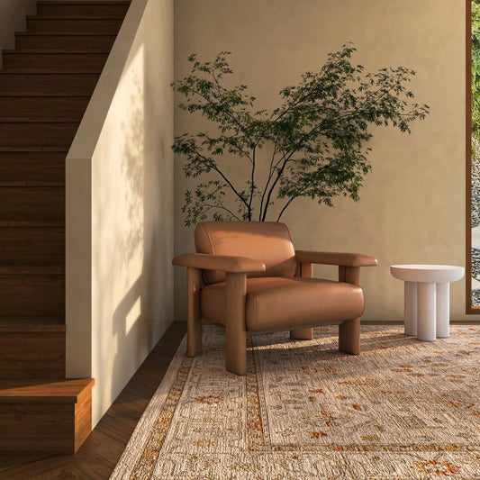 Marcello Lounge Chair by Moe's Home Collection in tan. Made from full aniline leather, foam, fiber seat, birch, plywood frame, elastic webbing suspension in a traditional style.