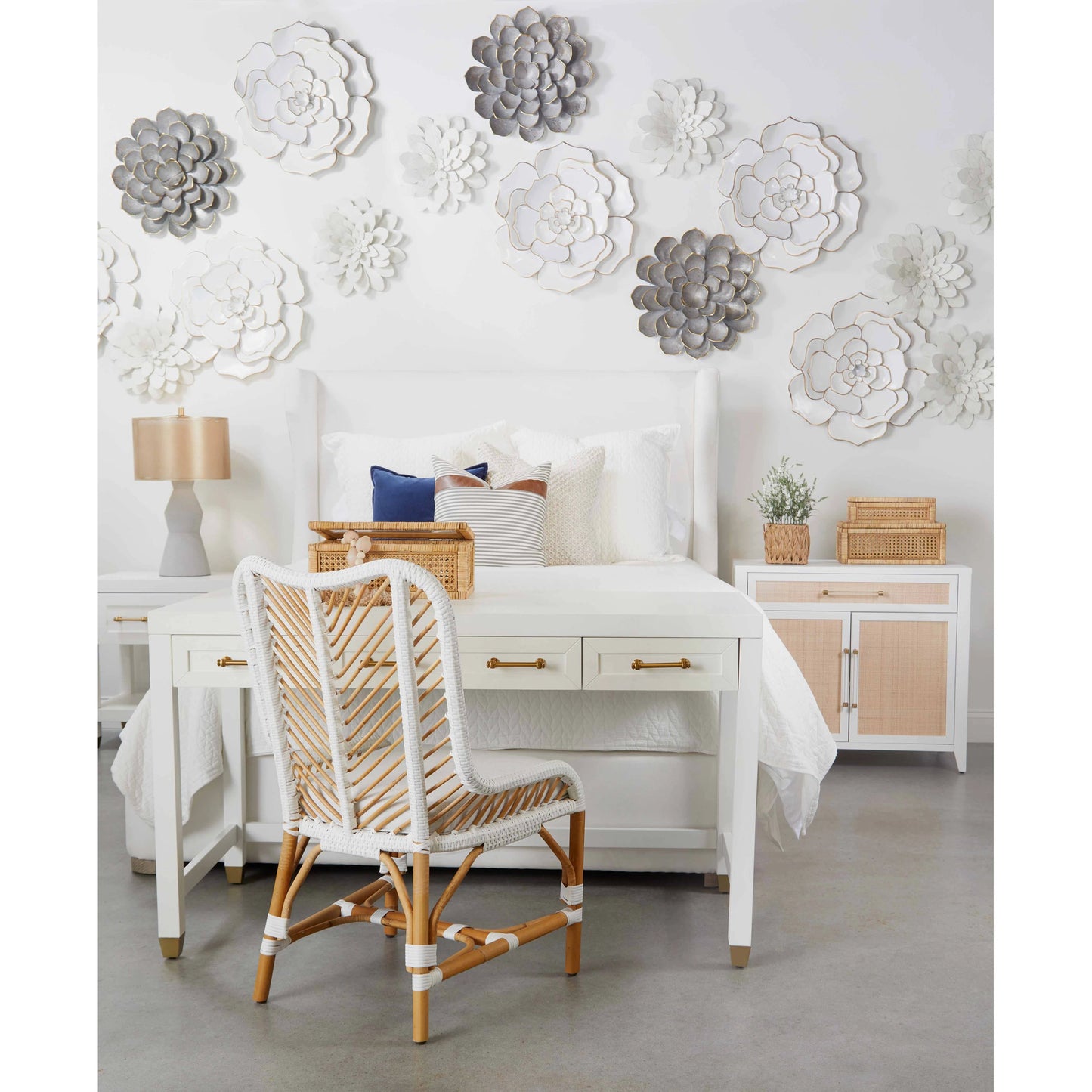 018 SR-837467 | Lifestyle | Holland Chest by Essentials For Living in matte white, natural, brushed brass. Made from mdf, rattan in a transitional style.