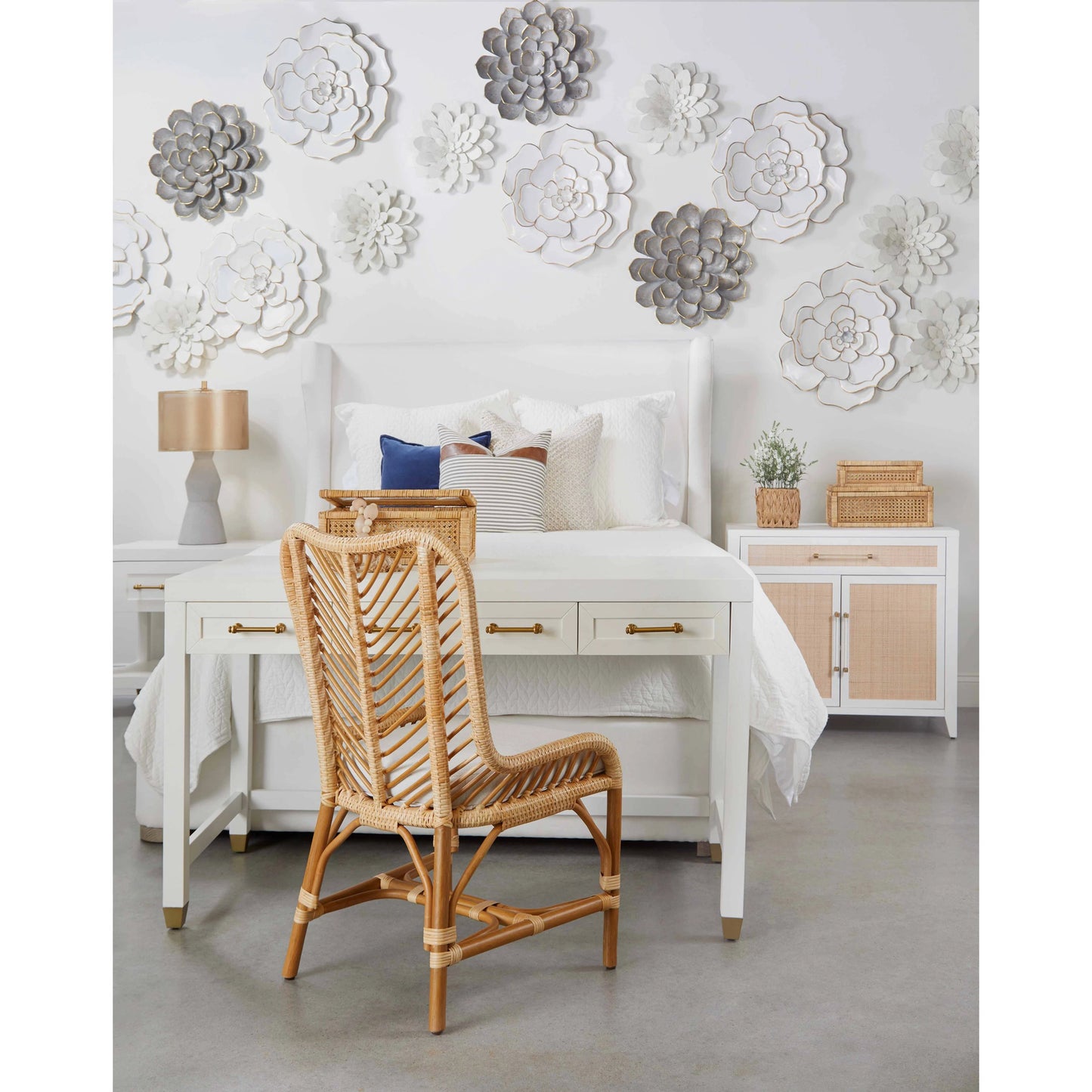 019 SR-837467 | Lifestyle | Holland Chest by Essentials For Living in matte white, natural, brushed brass. Made from mdf, rattan in a transitional style.