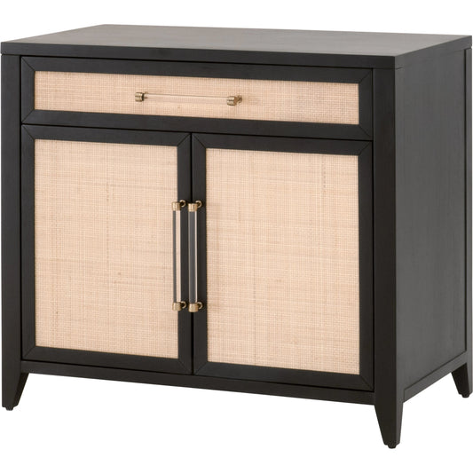Holland Media Chest by Essentials For Living in brushed black acacia, natural rattan. Made from mdf, plywood, acacia veneer, solid rubberwood, rattan, metal in a cottage & farmhouse style.