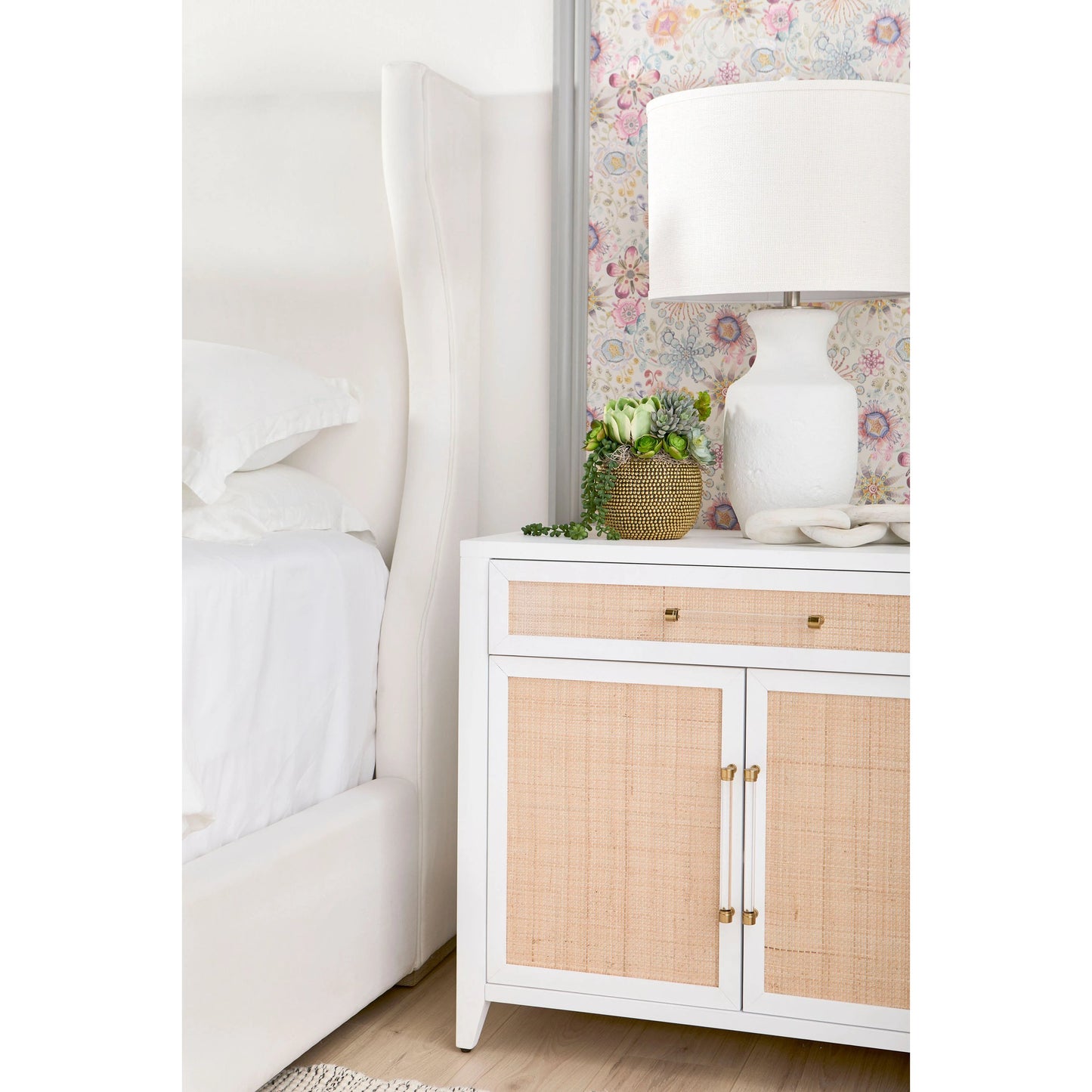 016 SR-837467 | Closeup | Holland Chest by Essentials For Living in matte white, natural, brushed brass. Made from mdf, rattan in a transitional style.