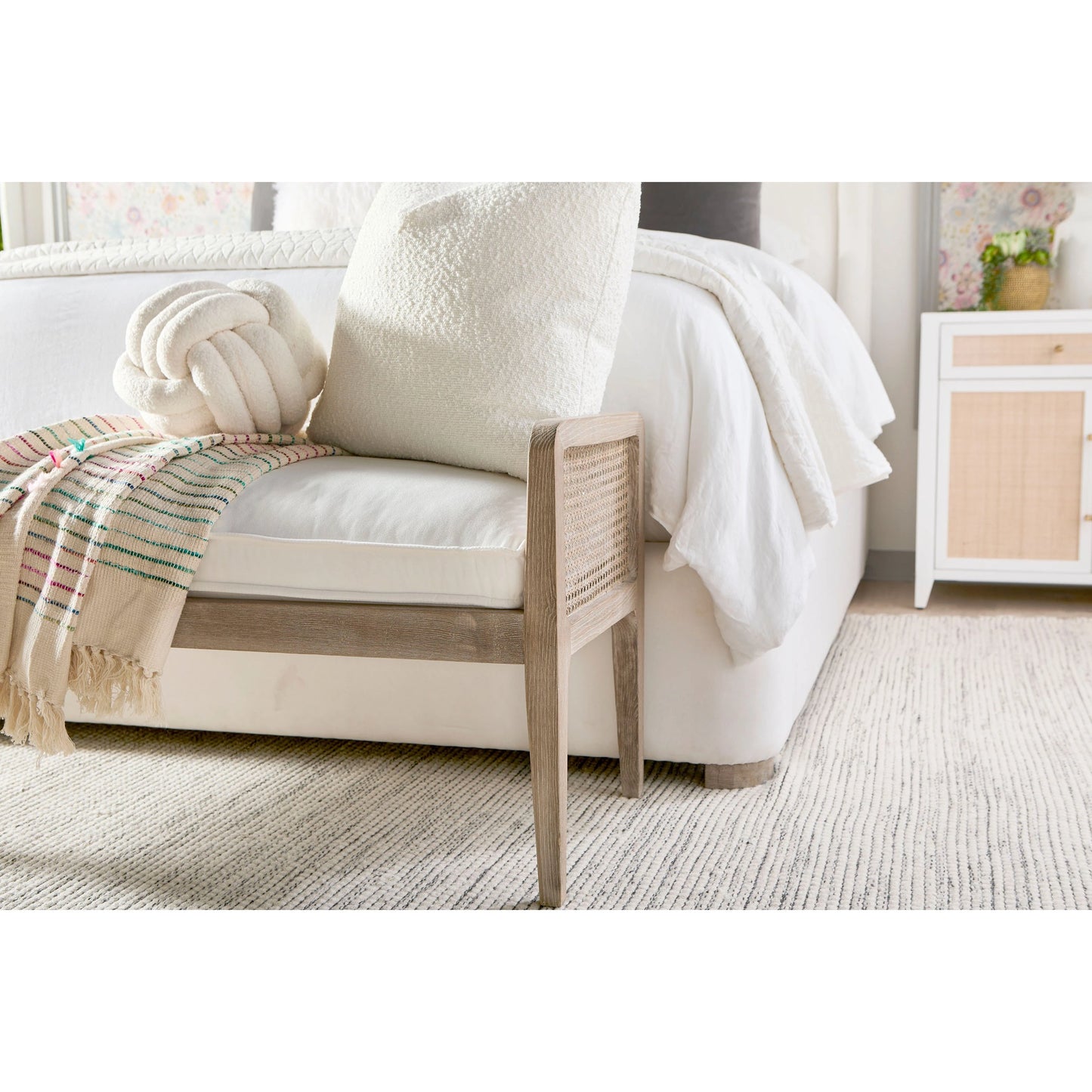 013 SR-837467 | Closeup | Holland Chest by Essentials For Living in matte white, natural, brushed brass. Made from mdf, rattan in a transitional style.