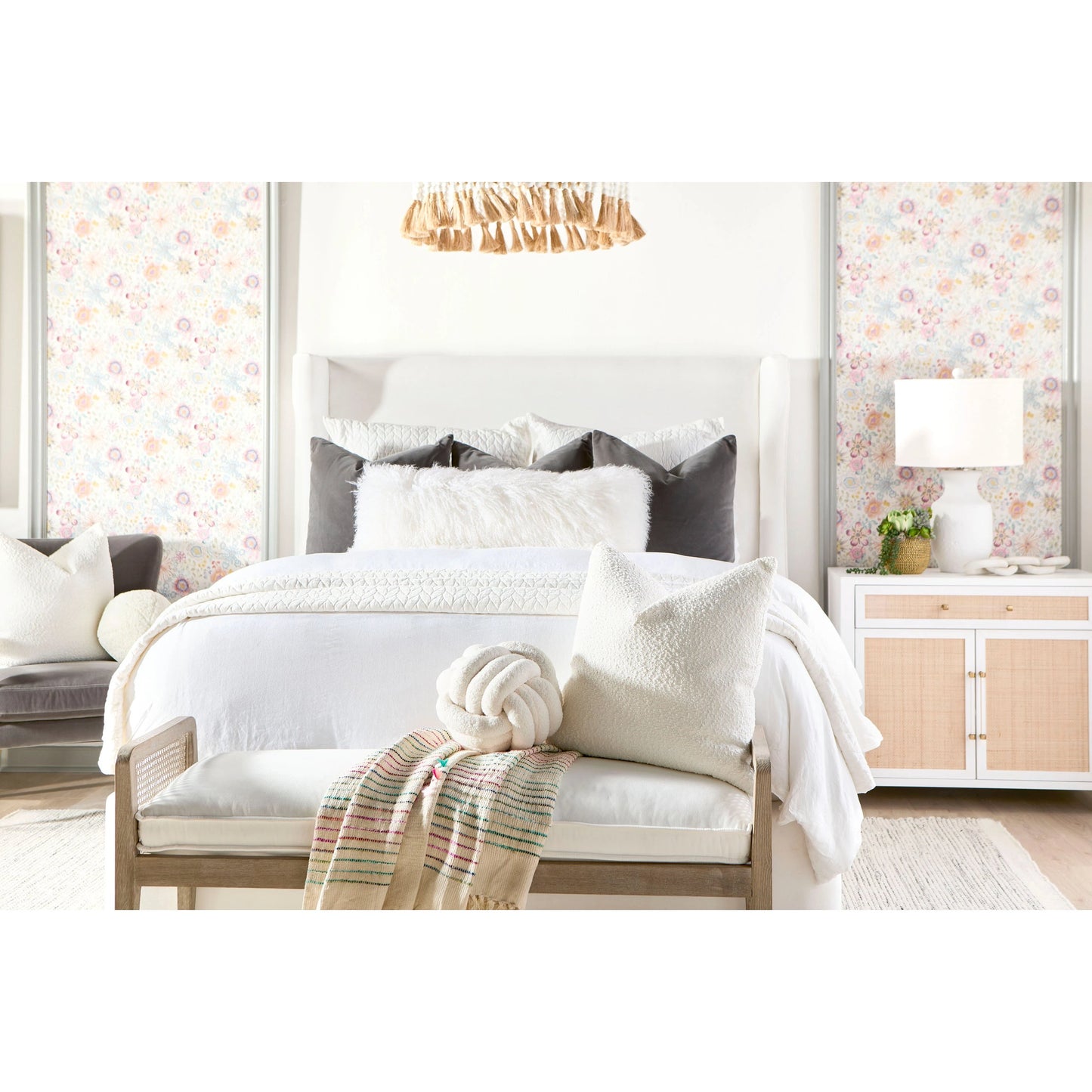 015 SR-837467 | Closeup | Holland Chest by Essentials For Living in matte white, natural, brushed brass. Made from mdf, rattan in a transitional style.