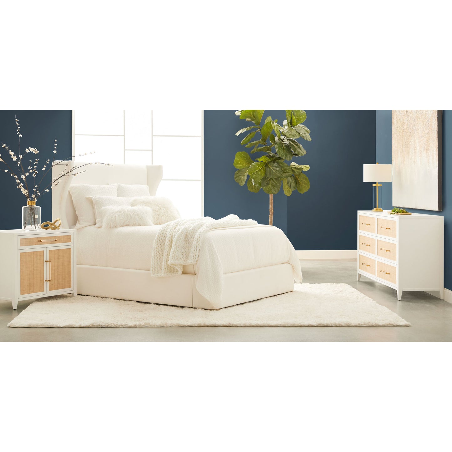 017 SR-837467 | Lifestyle | Holland Chest by Essentials For Living in matte white, natural, brushed brass. Made from mdf, rattan in a transitional style.