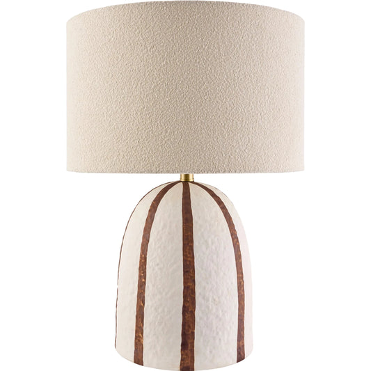 Hombori Accent Table Lamp by Livabliss in body: beige; shade (outside): beige; shade (inside): white; harp: metallic - gold; cord: translucent and painted. Made from ceramic, iron, linen, polyester in a transitional style.