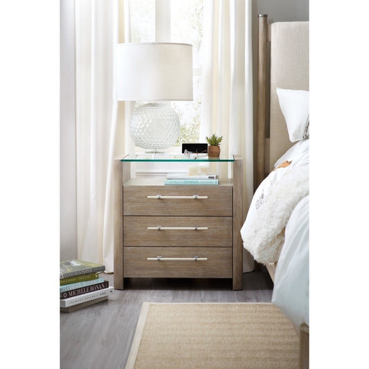 Affinity Three Drawer Nightstand by Hooker Furniture in greige. Made from oak veneers in a eclectic & global style.